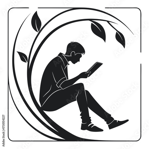 Illustration of a man reading a book while sitting under a tree