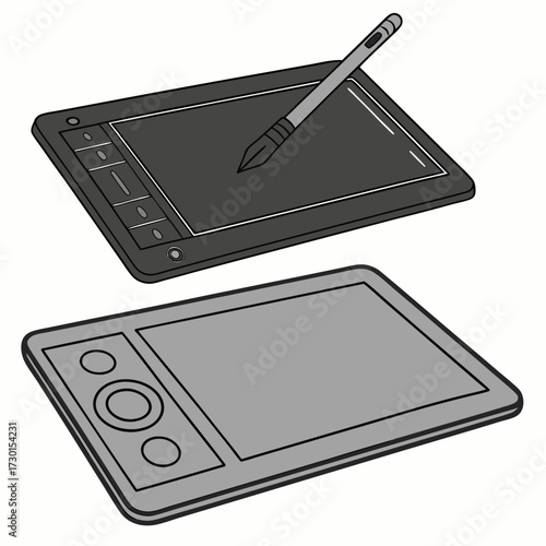 A digital drawing tablet with a stylus resting on its surface and a separate tablet with buttons and a touchpad displayed from a side angle on a white background