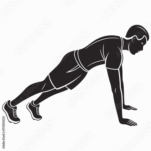 Dynamic silhouette of a fit man performing a push up exercise showcasing strength training and active lifestyle in a clean minimalist graphic