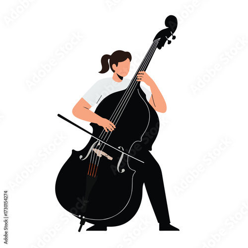 Woman in tee plays upright bass with bow, standing, isolated illustration
