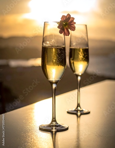 Two champagne flutes with a flower, sunset backdrop