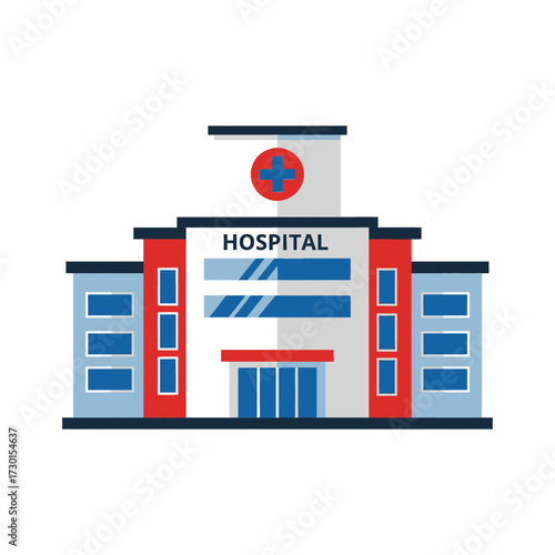 Stylized Hospital Building Illustration with Red Cross and Blue Accents