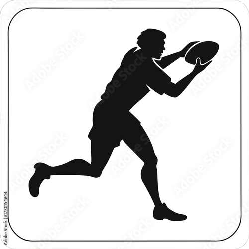 Silhouette of a rugby player in motion running with the ball held securely in both hands ready to pass or score a try during a competitive match