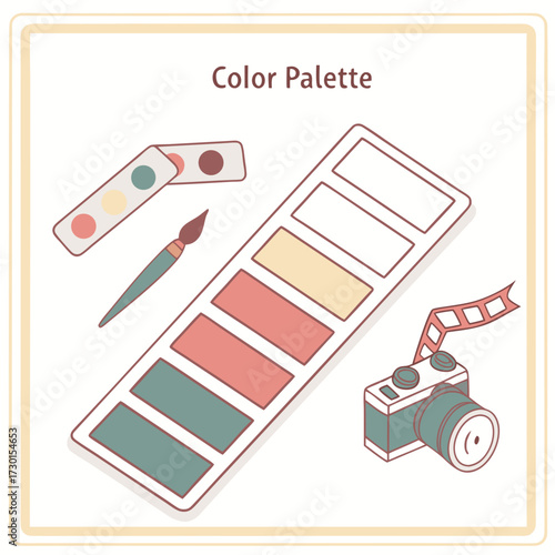 A creative collection of art supplies including a color palette with paint swatches a paintbrush a small portable paint set and a vintage camera with film strip for artistic inspiration and design