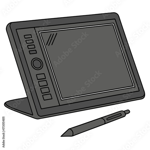 A digital drawing tablet with a stylus resting in front of it showcasing a creative tool for artists and designers