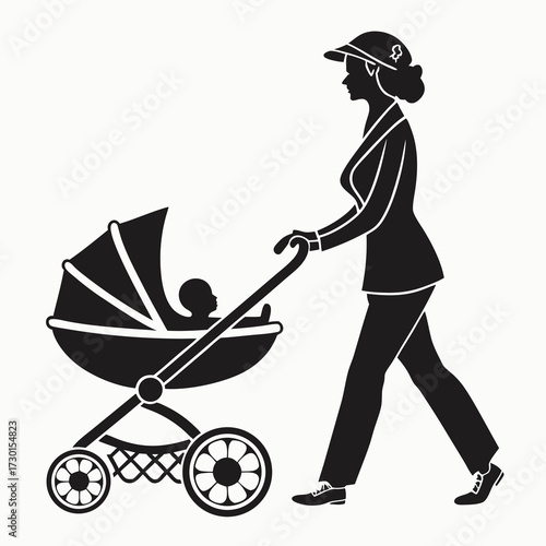 Silhouette of a woman wearing a cap and suit pushing a baby stroller with a baby inside on a white background