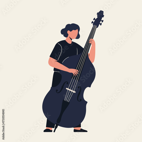 Woman playing upright bass, stylized, against beige background