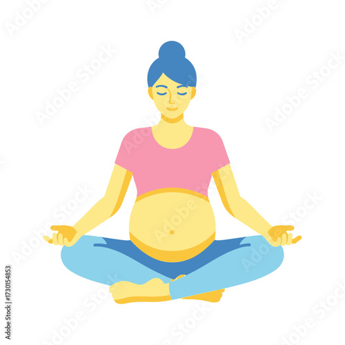 A pregnant woman with blue hair sits in a lotus position, meditating with her eyes closed.