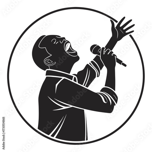 Dynamic silhouette of a male singer performing with passion holding a microphone and raising his hand in a circular emblem