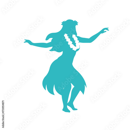 Teal silhouette of woman hula dancing wearing lei and flower crown