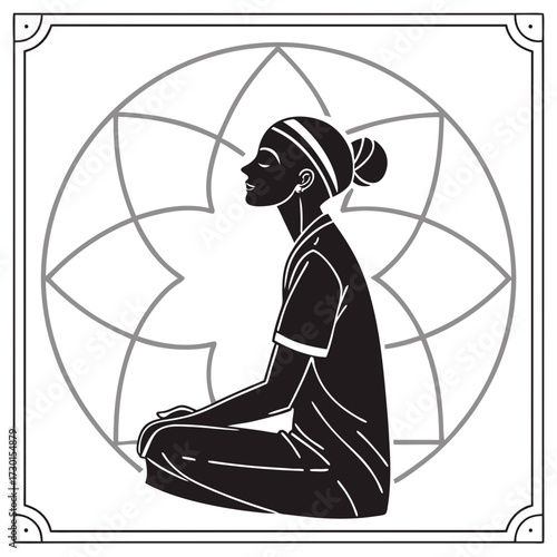 A serene silhouette of a woman meditating with eyes closed seated in a lotus position against a stylized geometric mandala pattern symbolizing peace and mindfulness