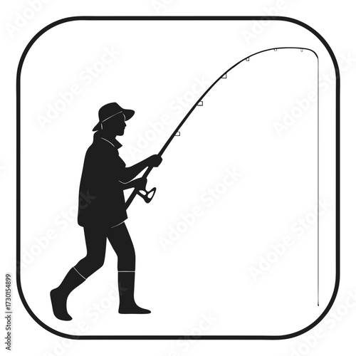 Silhouette of a person wearing a hat and boots actively fishing with a rod and reel depicted within a rounded square frame