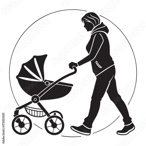 Silhouette of a mother pushing a baby stroller with a canopy and basket walking inside a circular frame representing family and childcare activities
