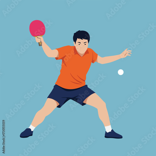 Man hitting a ping pong ball with a paddle, on blue background