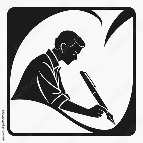 Silhouette of a young man wearing a collared shirt diligently writing with a fountain pen symbolizing creativity education and the art of writing