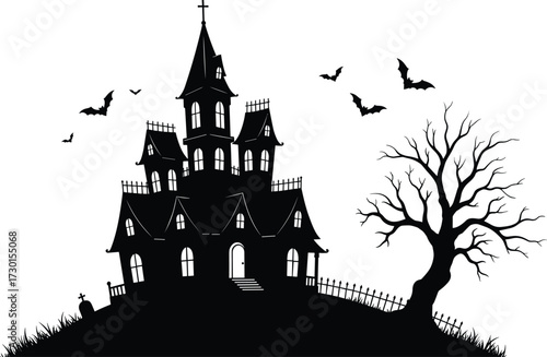 Haunted house silhouette with spooky bats, scary tree, gothic castle, Halloween night illustration, creepy horror scene design for decoration and artwork