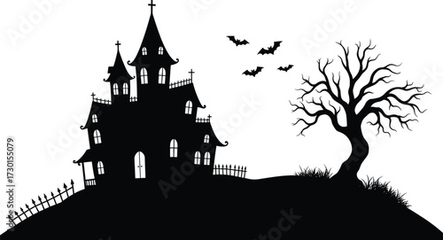 Haunted house silhouette with bats, spooky tree, gothic castle design, Halloween night illustration, scary horror scene for decoration and artwork