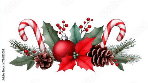 Christmas arrangement with candy cane pine cone ornaments and fir branches on a white background. Christmas holiday watercolor cut out design concept. Festive xmas decor sugary treat