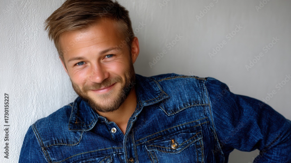 Obraz premium A man with a beard and blue jeans is smiling. He is wearing a blue shirt and jeans