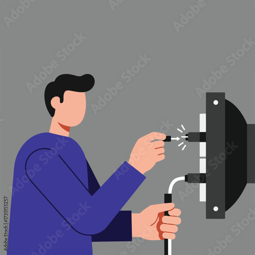 Man plugs/unplugs electrical device with sparks on grey background