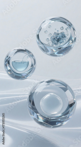 Wallpaper Mural Three elegant, transparent glass spheres with internal liquid or bubbles, floating against a soft, silk-like white background. The composition exudes a clean, minimalist, and sophisticated aesthetic Torontodigital.ca