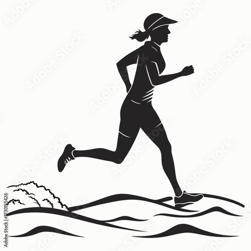 Silhouette of a woman running with a visor and athletic wear across a stylized landscape of rolling hills and bushes