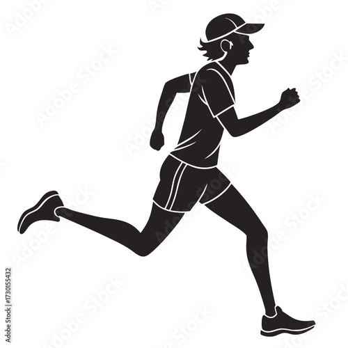 Silhouette of a person wearing a cap and athletic clothing running with a determined stride during a race or training session