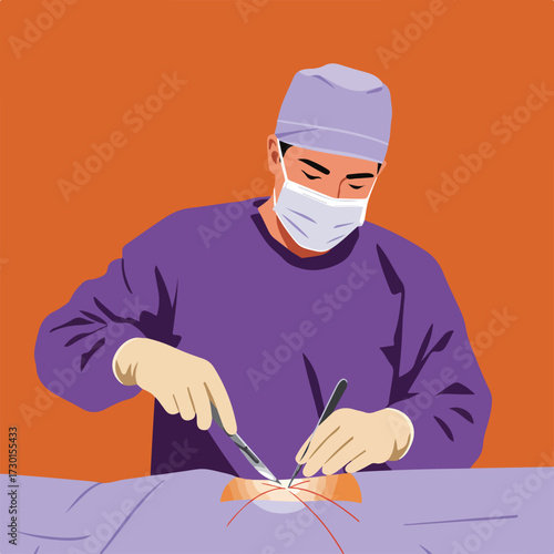 Surgeon in scrubs, mask, and gloves performs an incision with surgical tools