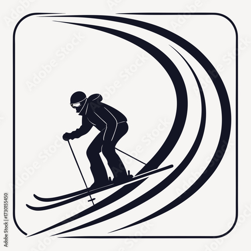 Dynamic silhouette of a skier carving down a snowy slope with abstract swirls representing speed and motion