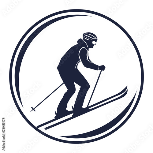 Silhouette of a skier in motion wearing a helmet and goggles descending a slope within a circular frame representing winter sports and outdoor recreation