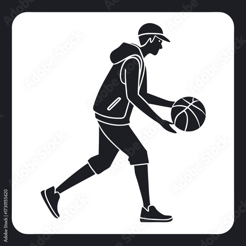 Silhouette of a young man wearing a baseball cap and hoodie playing basketball with a ball in his hands on a white background with rounded corners