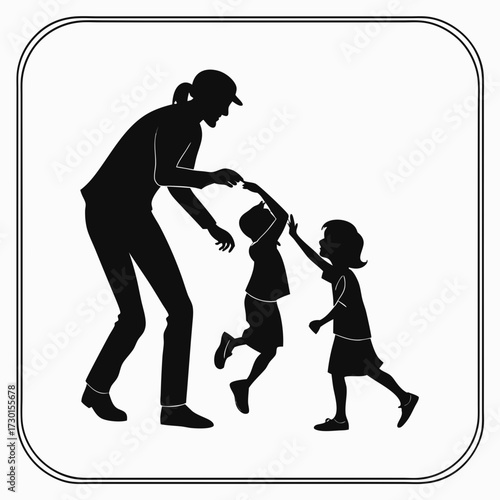 Silhouette of a caring adult wearing a baseball cap interacting playfully with two energetic children reaching up towards them in a joyful moment of connection and fun