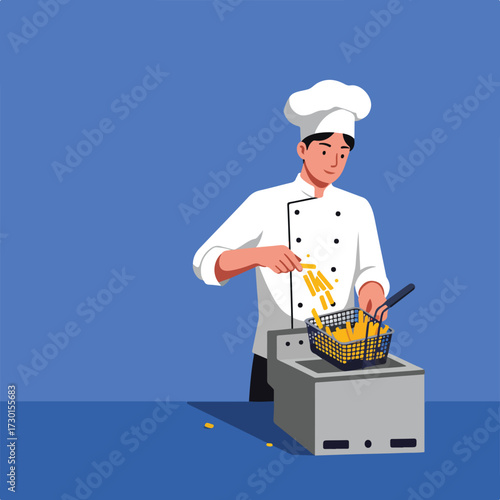 Chef fries in basket over fryer, blue backdrop