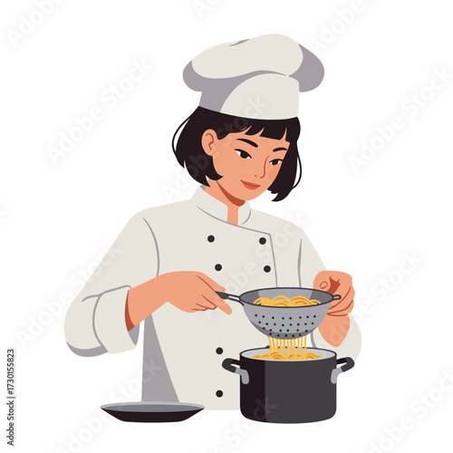 Chef drains pasta in colander over pot, wearing toque and coat