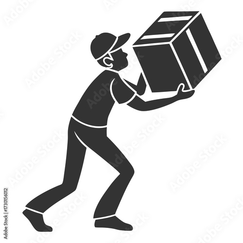 A delivery person wearing a cap and casual clothes is carefully carrying a large cardboard box with both hands symbolizing logistics and shipping services