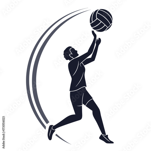 Dynamic silhouette of a female volleyball player in action jumping to spike the ball with a curved motion graphic against a white background representing sport and athleticism