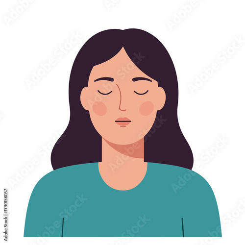 Vector illustration of a woman with eyes closed and a teal shirt