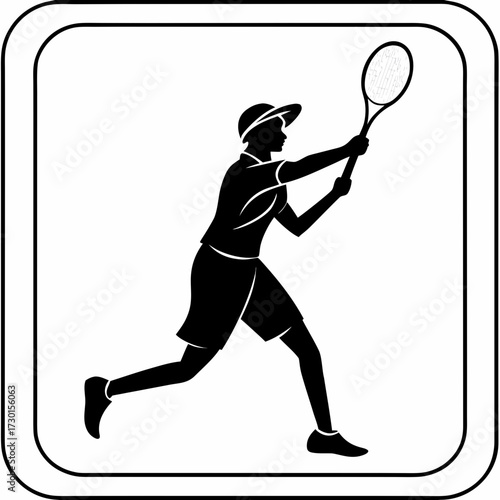 Silhouette of a tennis player in action hitting a forehand shot with a tennis racket and wearing a hat and sportswear within a rounded square frame