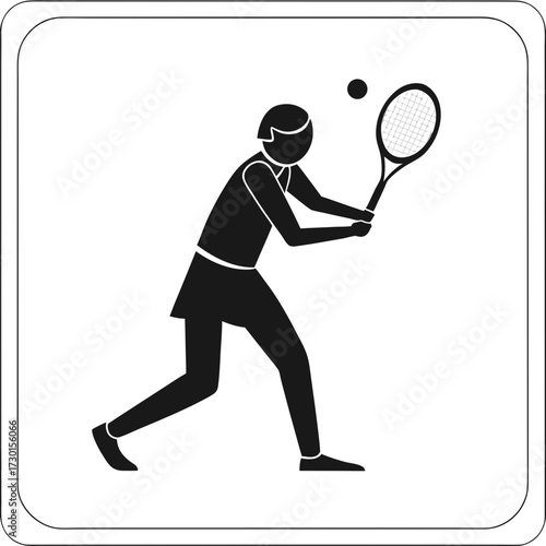 A stylized black silhouette of a female tennis player in mid swing about to hit a tennis ball with her racket depicted against a clean white background within a rounded square frame