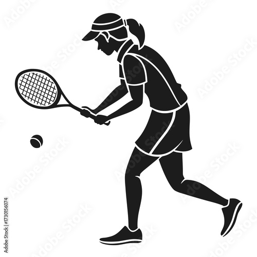Silhouette of a female tennis player in action poised to strike a tennis ball with her racket during a match on a white background