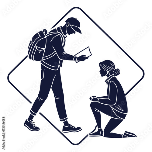 A man wearing a backpack and a baseball cap holds a map while a woman kneels and looks at him suggesting a travel or navigation scenario
