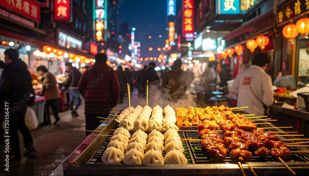 Naklejka premium Delicious Street Food Skewers at a Bustling Asian Night Market.