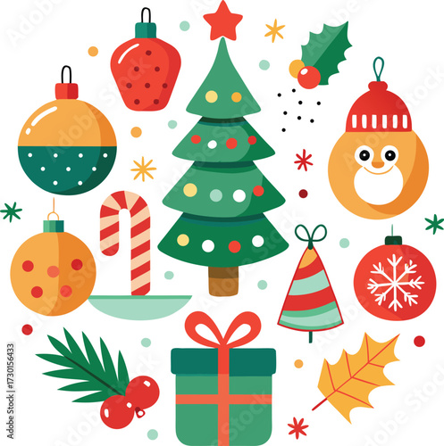 Vector art of a charming ensemble of christmas icons including a snowman, evergreen tree, hanging baubles, gift box, and holly sprig, all isolated on a