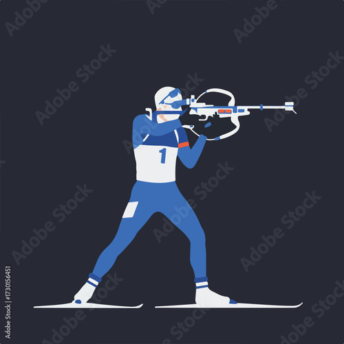 Biathlete with rifle aimed, wearing race bib and skis, against a dark background
