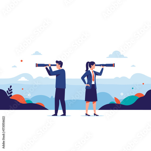 Two business professionals looking into the distance with telescopes observing future possibilities and opportunities.
