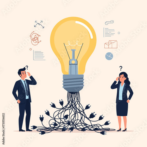Business professionals contemplate complex connections to a bright idea and innovative solutions.