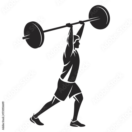 Silhouette of a powerful athlete performing a clean and jerk weightlifting exercise with a barbell overhead against a white background