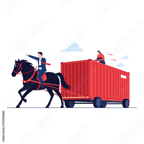 A man on a horse pulls a large shipping container as another person stands on top.