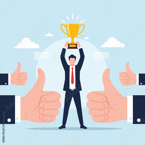 Successful businessman celebrating achievement with a trophy while receiving approval from colleagues and peers.