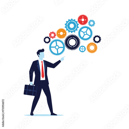 Business professional pointing to a cloud of interconnected gears symbolizing complex systems and strategic planning.